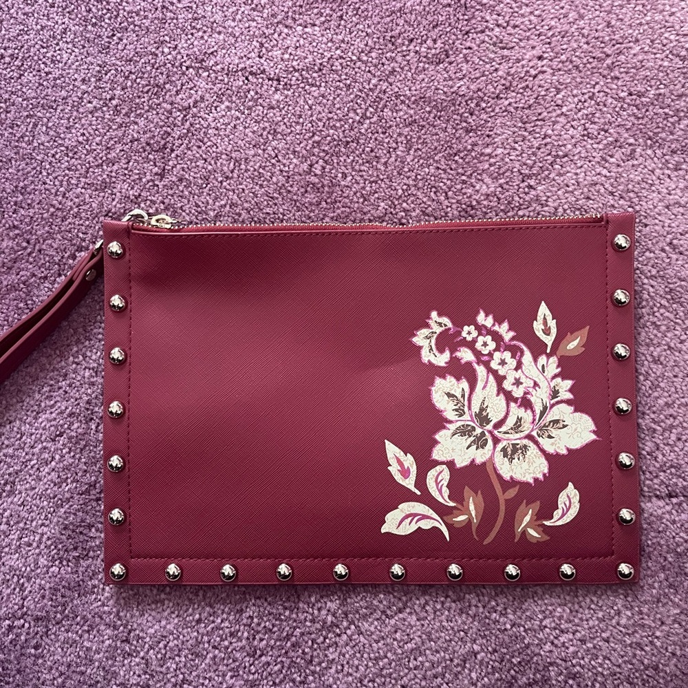 White House Black Market Burgundy Floral Studded Wristlet